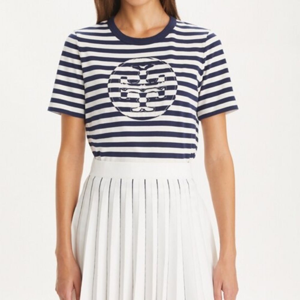 Tory Burch Navy and White Striped Short Sleeve Logo Tee - Picture 2 of 8